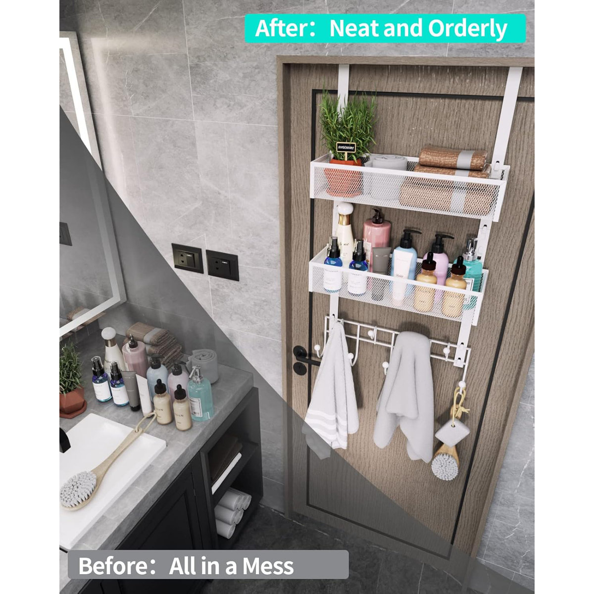 Over The Door Organizer With 9 Hooks And 2 Storage Baskets, Rustproof Stainless Steel Door Hanger For Bathroom, Kitchen, Bedroom, And Living Room